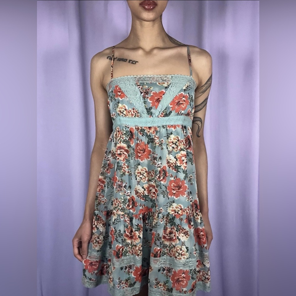 Teal & Orange Floral Spaghetti Strap Sundress Womens Size S Lace Accent Coquette